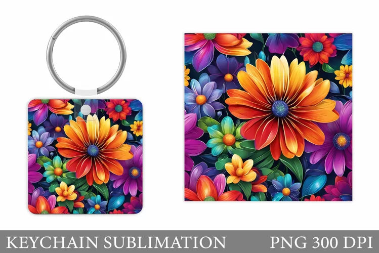 Flowers Keychain Design. Flowers Square Keychain Sublimation