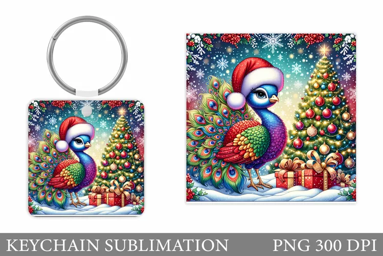 Christmas Peacock Keychain. Christmas Keychain Sublimation