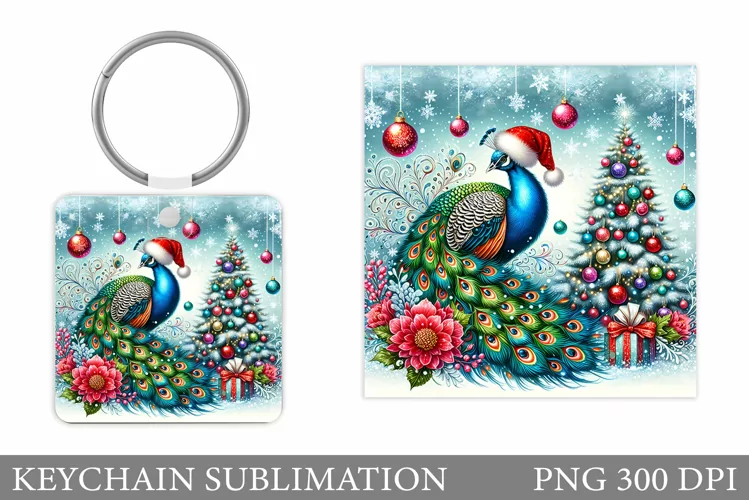 Christmas Peacock Keychain. Christmas Keychain Sublimation