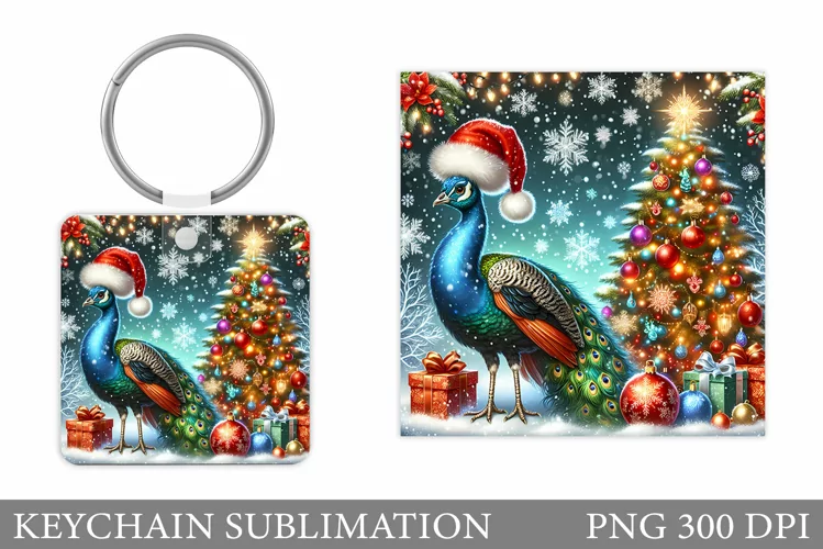 Christmas Peacock Keychain. Christmas Keychain Sublimation
