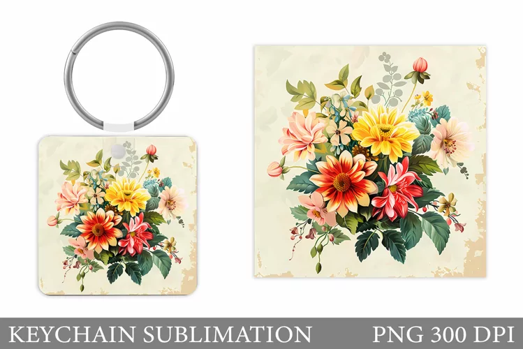 Flowers Keychain Sublimation. Flowers Square Keychain Design