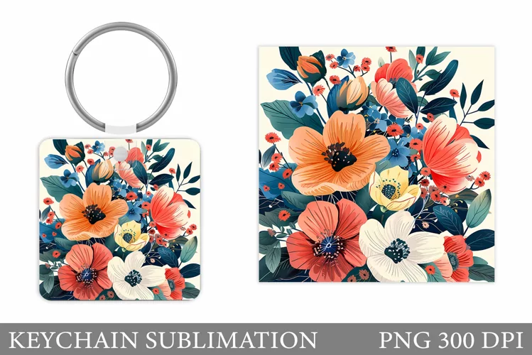 Flowers Keychain Sublimation. Flowers Square Keychain Design
