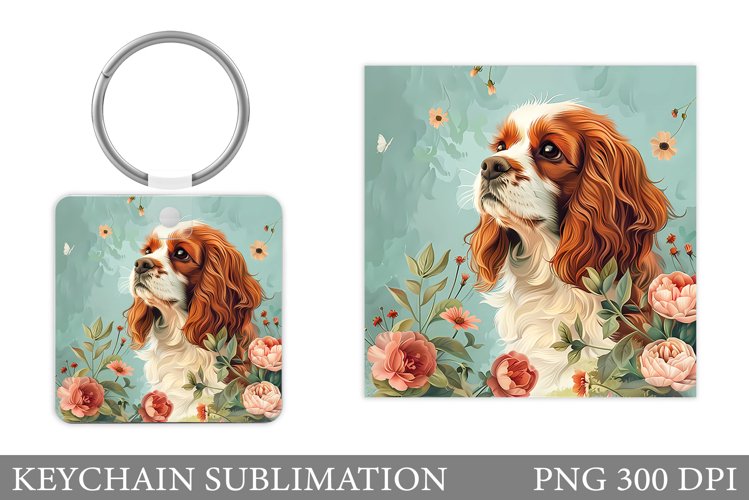 Cute Dog Keychain Sublimation. Dog Flowers Keychain Design example image 1