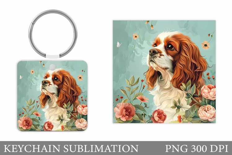 Cute Dog Keychain Sublimation. Dog Flowers Keychain Design