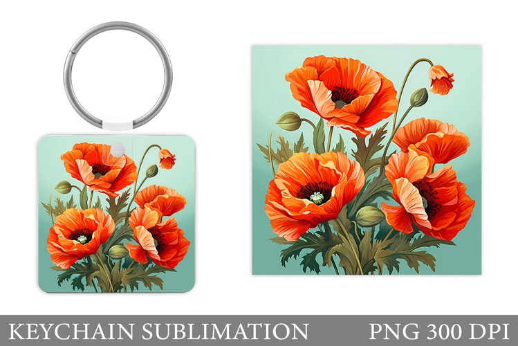 Poppies Keychain Sublimation. Flowers Square Keychain Design example image 1