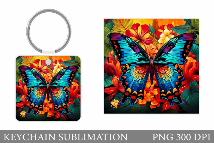 Butterfly Keychain Design. Flowers Keychain Sublimation