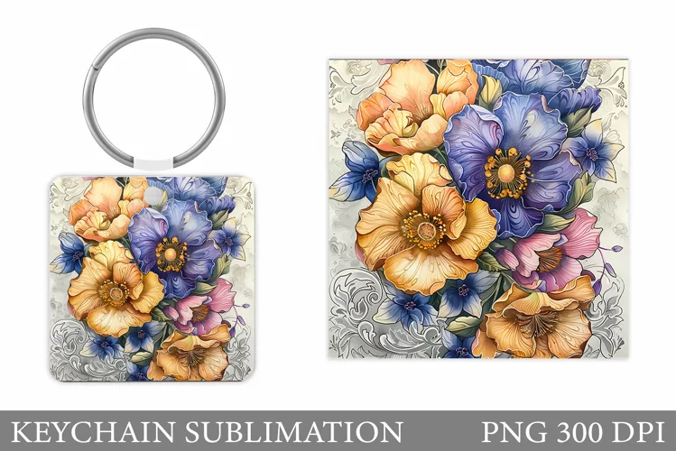 Flowers Keychain Sublimation. Flowers Square Keychain Design