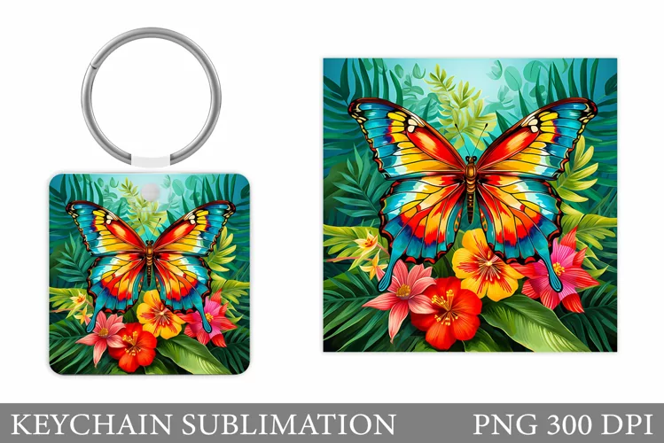 Butterfly Keychain Sublimation. Flowers Square Keychain