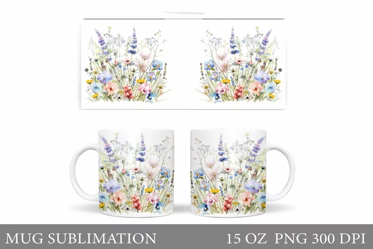Wildflowers Mug Sublimation. Flowers Mug Wrap Design