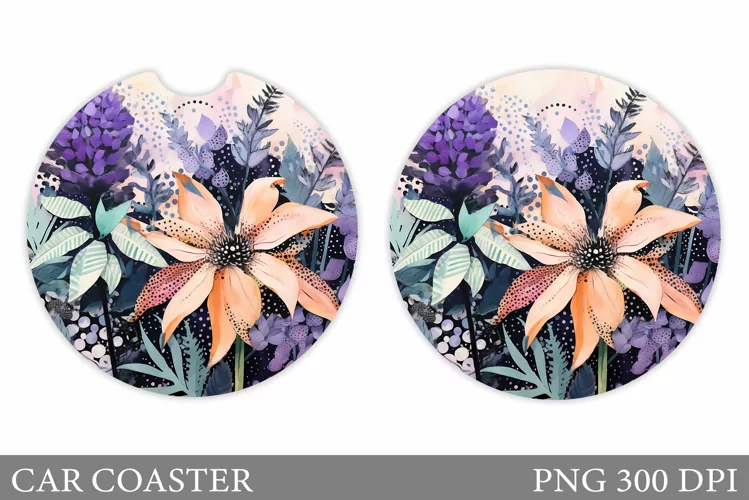 Flowers Car Coaster Sublimation. Floral Coaster Design
