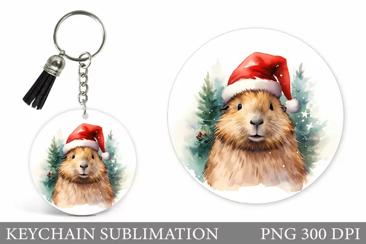 Christmas Capybara Keychain Design. Capybara Round Keychain