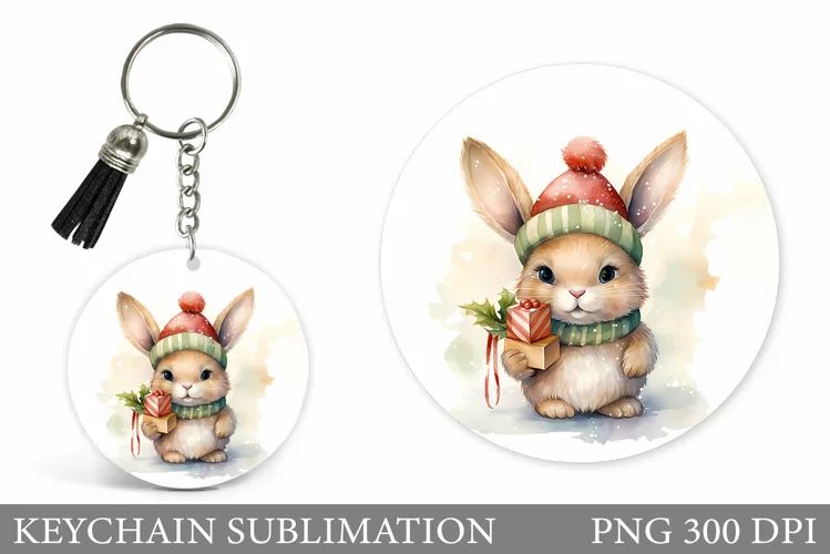 Christmas Bunny Keychain Design. Bunny Winter Round Keychain