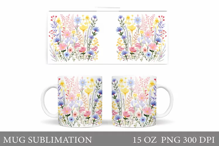 Flowers Mug Wrap Design. Wildflowers Mug Sublimation
