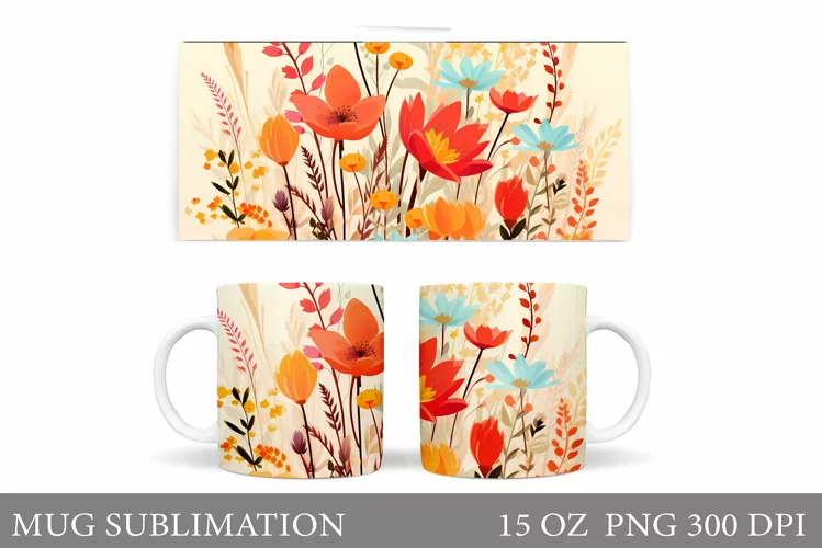 Wildflowers Mug Sublimation. Flowers Mug Wrap Design