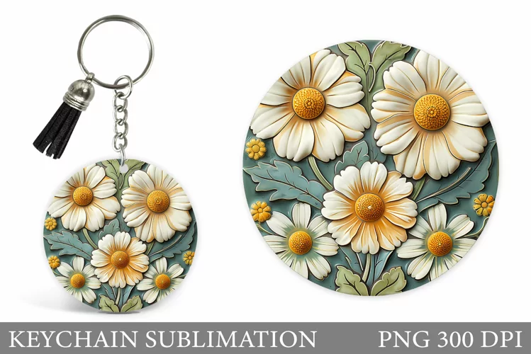 Daisy Flowers Keychain Design. Floral Keychain Sublimation