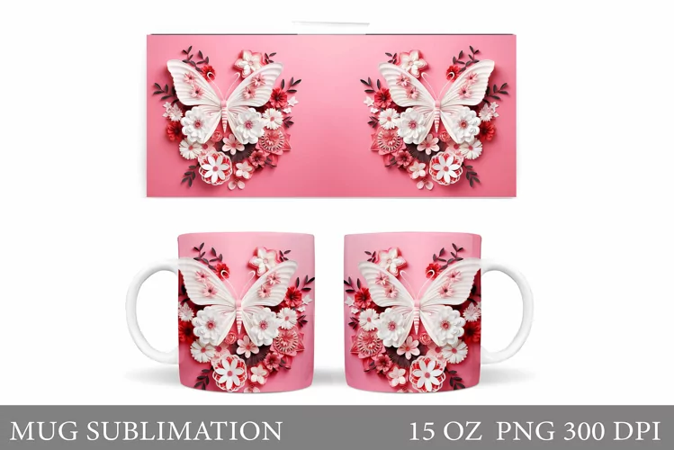 Butterfly Flowers Mug . Paper Butterfly Mug Sublimation