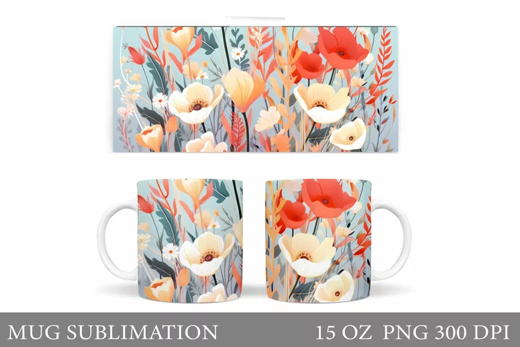 Wildflowers Mug Sublimation. Flowers Mug Wrap Design