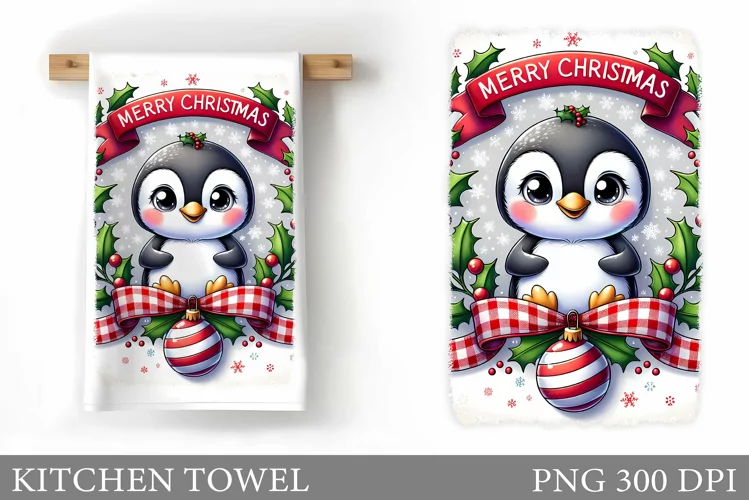 Cute Penguin Kitchen Towel. Christmas Kitchen Towel Design