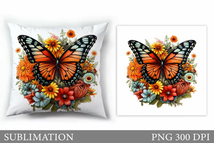 Butterfly Pillow Sublimation. Butterfly Flowers Sublimation