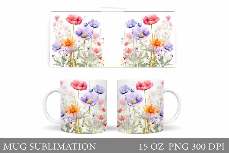 Flowers Mug Wrap Design. Wildflowers Mug Sublimation