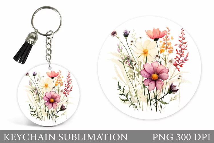 Flowers Round Keychain. Wildflowers Keychain Sublimation