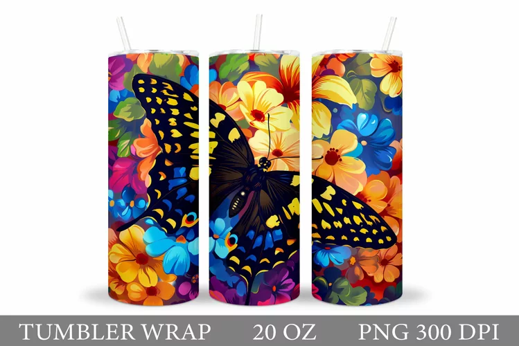 Butterfly Tumbler Sublimation. Flowers Tumbler Wrap Design