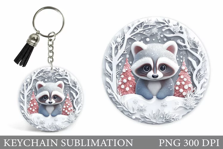 Christmas Raccoon Keychain. Christmas Keychain Sublimation