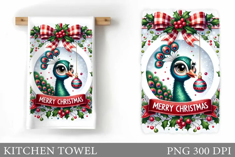 Christmas Peacock Kitchen Towel. Christmas Kitchen Towel