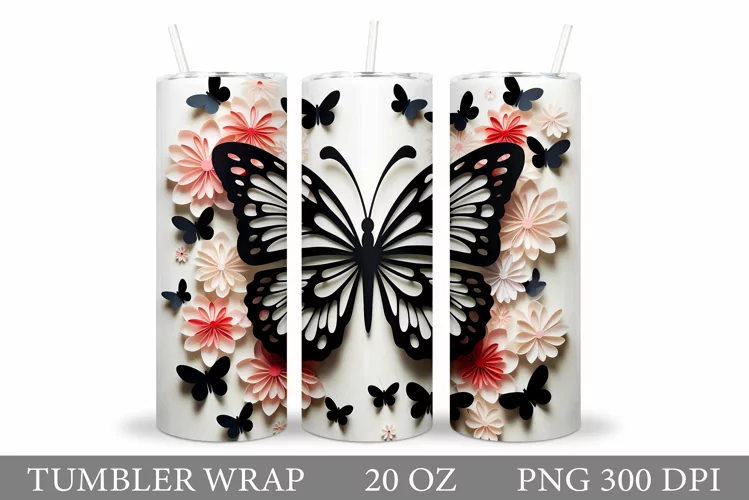 Butterflies Tumbler Sublimation. Flowers Tumbler Wrap Design