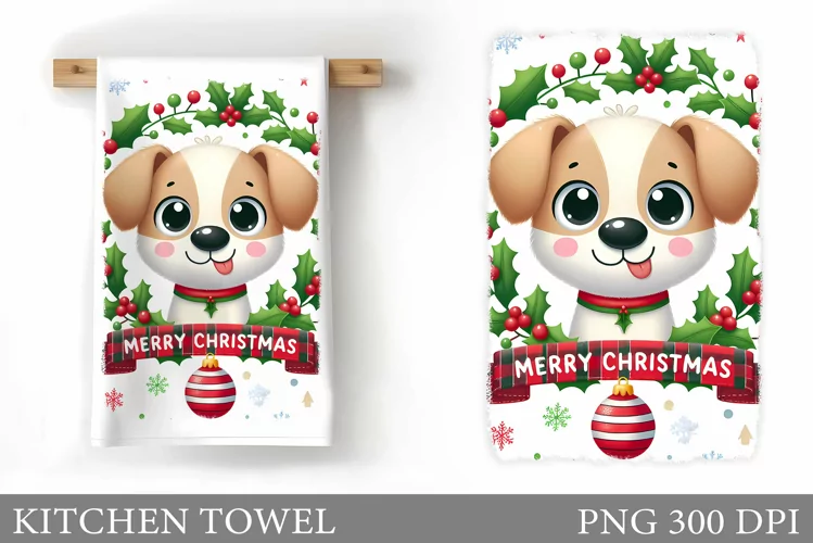 Cute Dog Kitchen Towel. Christmas Dog Kitchen Towel Design