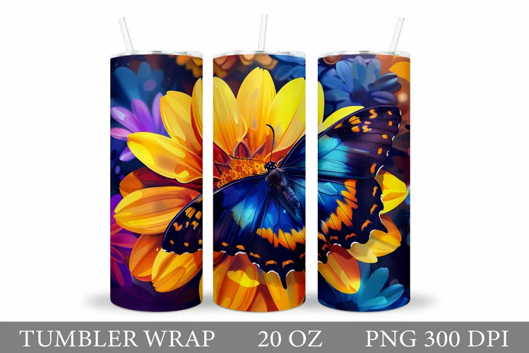 Butterfly Tumbler Sublimation. Flowers Tumbler Wrap Design