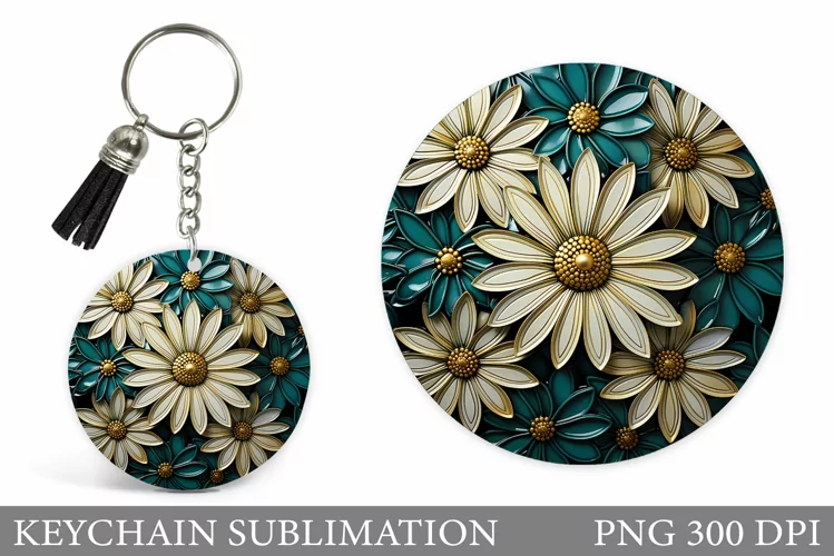 Daisy Flowers Keychain Design. Flowers Round Keychain