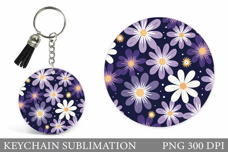 Daisy Flowers Keychain Design. Flowers Round Keychain