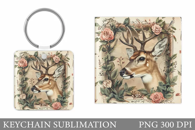 Deer Keychain Design. Flowers Keychain Sublimation