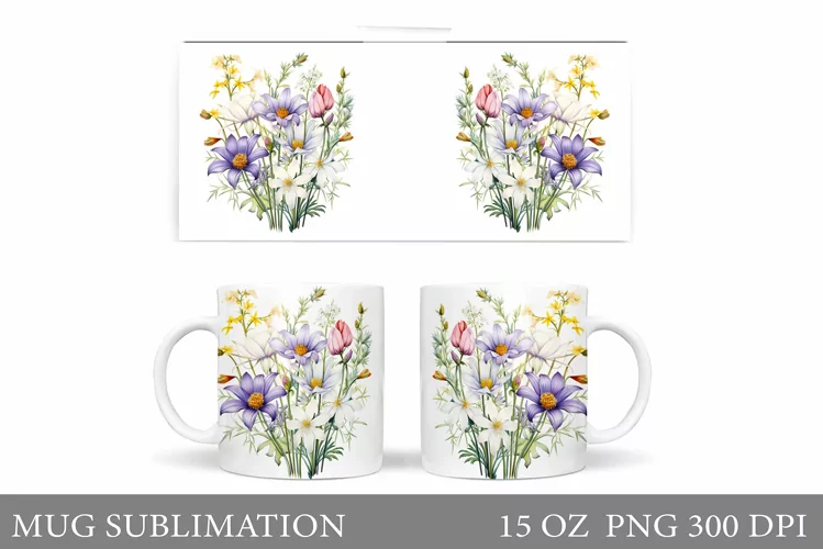 Wildflowers Mug Sublimation. Flowers Mug Wrap Design