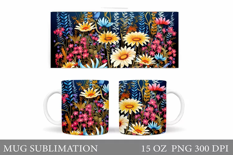 Flowers Mug Wrap Design. Wildflowers Mug Sublimation