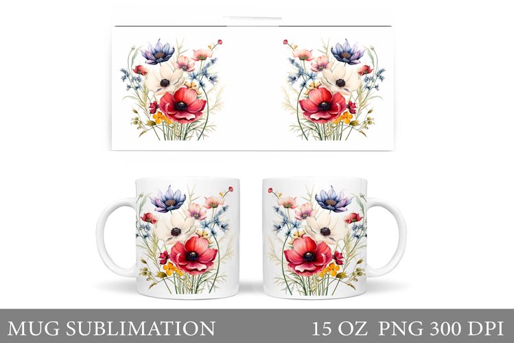 Wildflowers Mug Sublimation. Flowers Mug Wrap Design example image 1