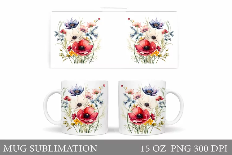 Wildflowers Mug Sublimation. Flowers Mug Wrap Design