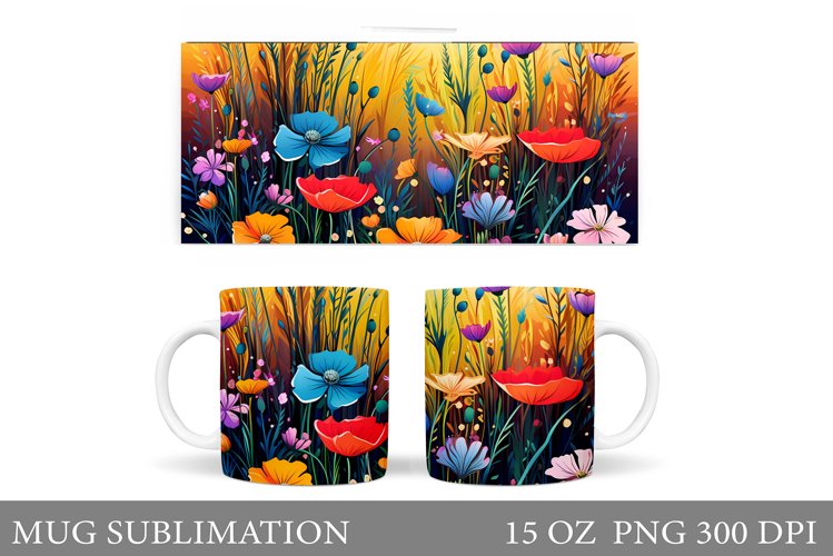 Wildflowers Mug Sublimation. Flowers Mug Wrap Design example image 1