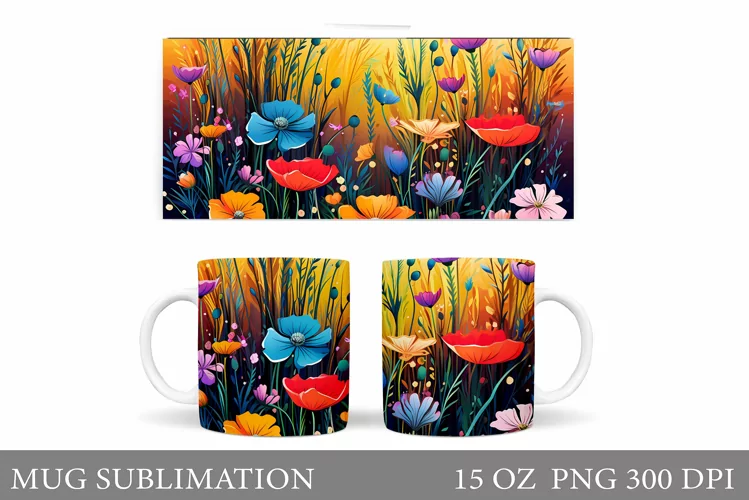 Wildflowers Mug Sublimation. Flowers Mug Wrap Design