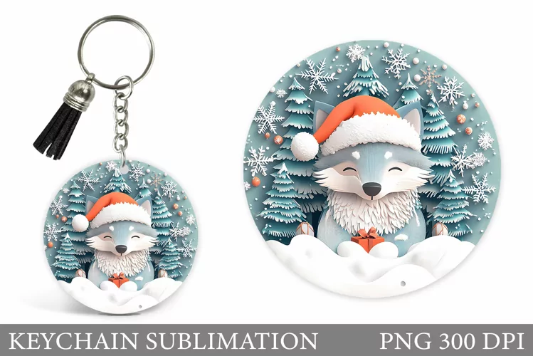 Christmas Wolf Keychain. Christmas Keychain Sublimation