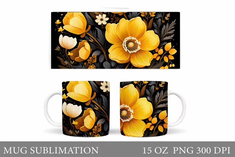 Flowers Mug Sublimation. Floral Mug Wrap Design