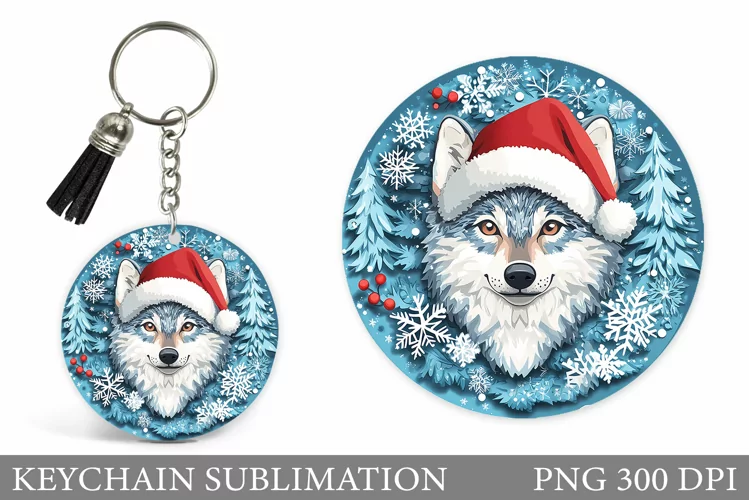 Christmas Wolf Keychain. Christmas Keychain Sublimation