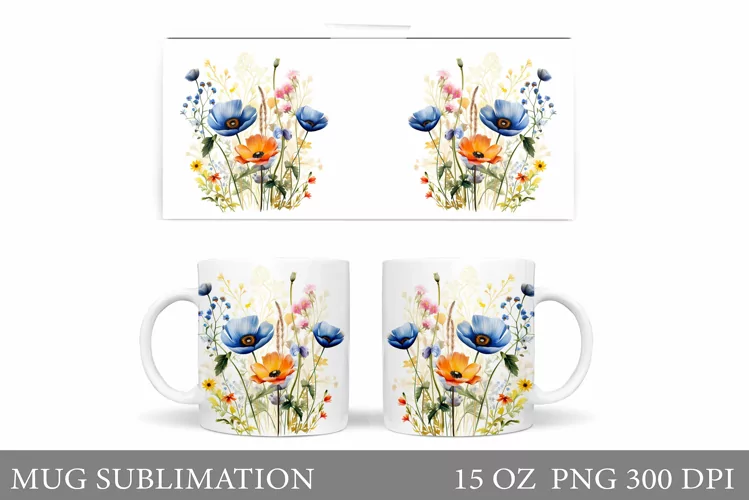 Wildflowers Mug Sublimation. Flowers Mug Wrap Design