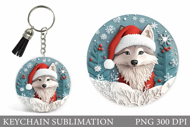 Christmas Wolf Keychain. Christmas Keychain Sublimation