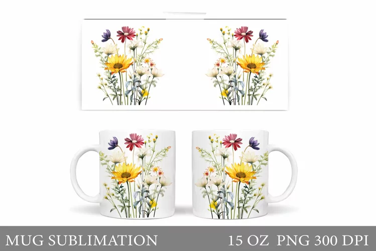 Flowers Mug Wrap Design. Wildflowers Mug Sublimation