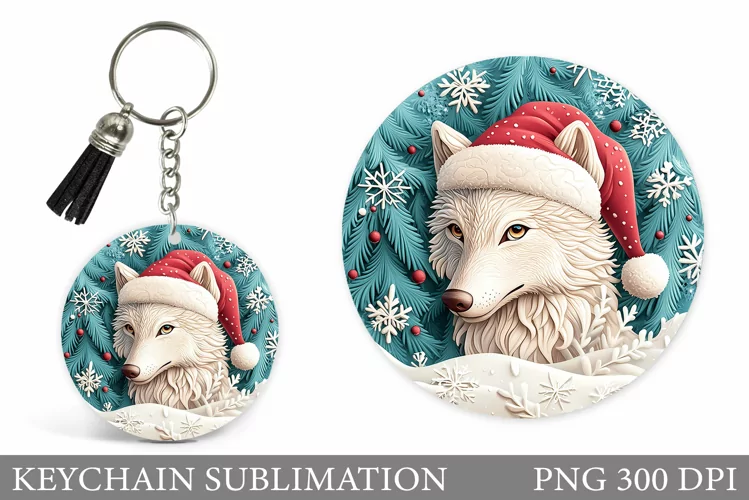 Christmas Wolf Keychain. Christmas Keychain Sublimation