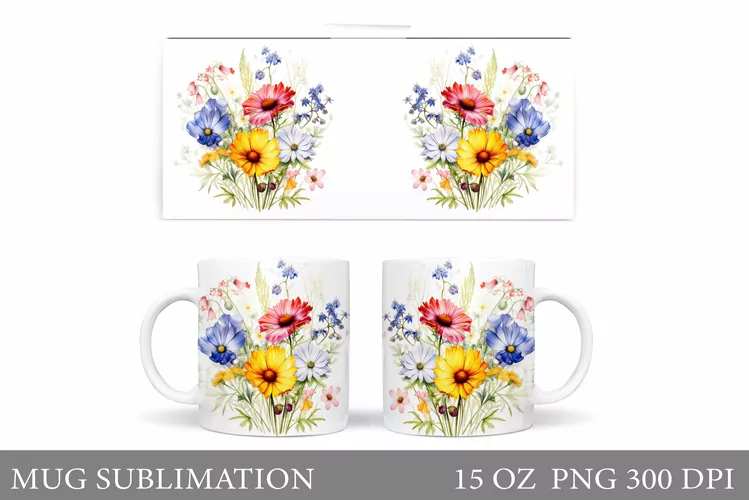 Flowers Mug Wrap Design. Wildflowers Mug Sublimation