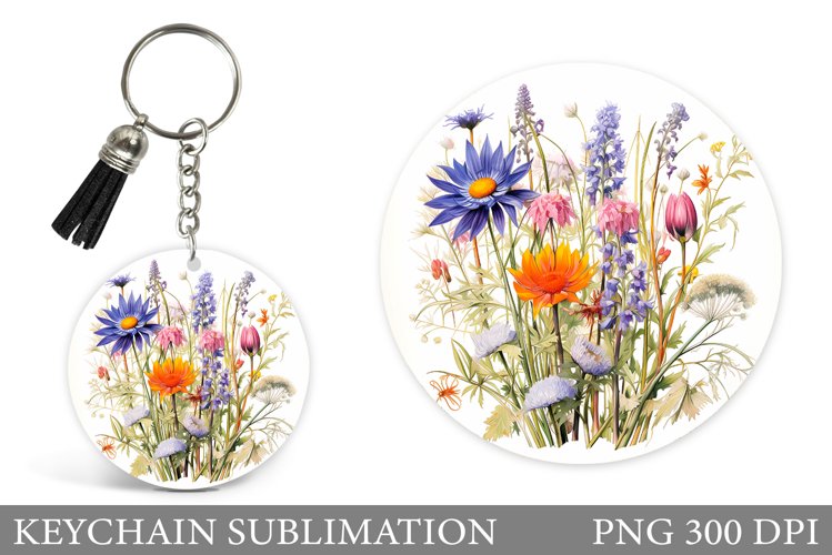 Wildflowers Keychain Design. Round Keychain Flowers Template