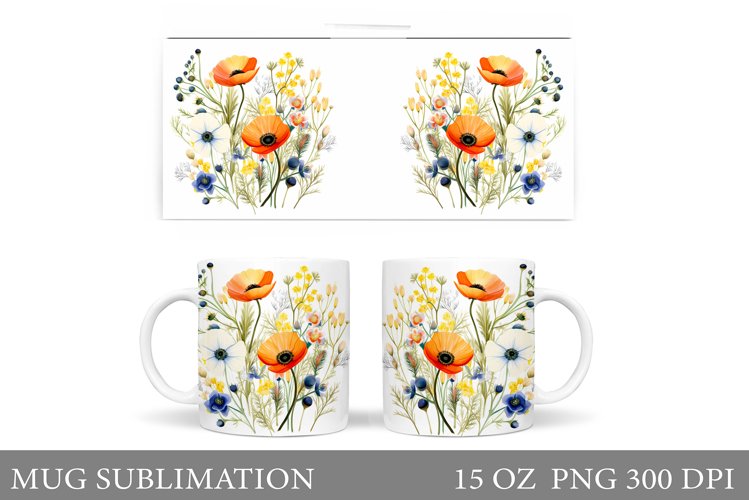 Wildflowers Mug Sublimation. Flowers Mug Wrap Design example image 1